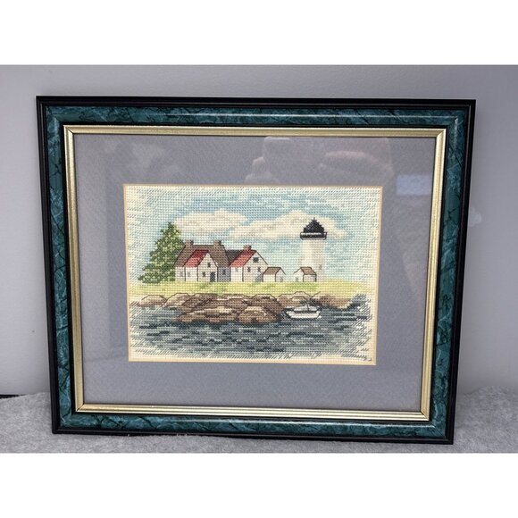 Framed Lighthouse Scene Needlepoint Art 11x9 Inches - Picture 1 of 7